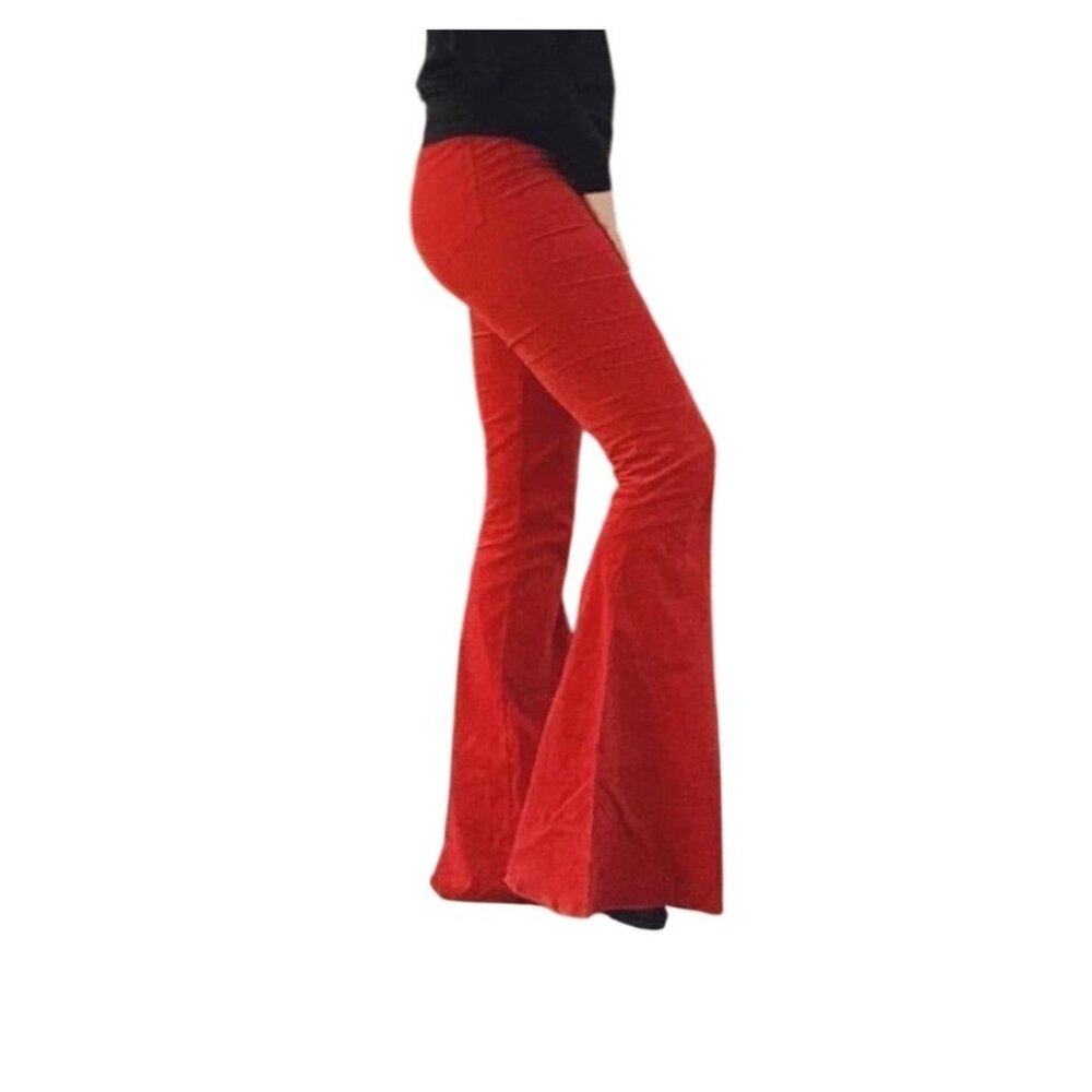 We The Free Twenty-Seven Red Corduroy Wide Flare Pants Lace-Up Back Frayed Hem